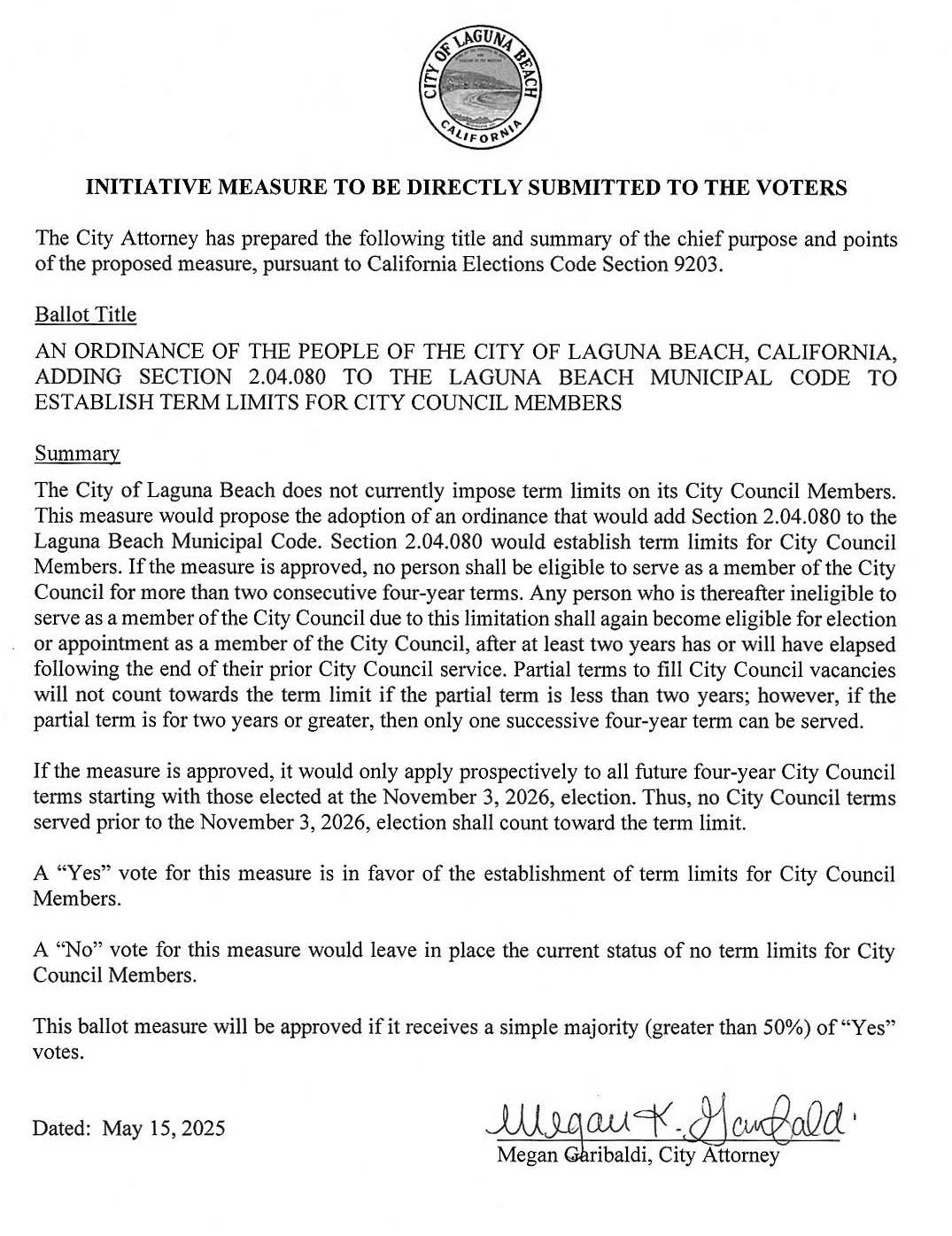 Official Summary of Term Limit Inative from Laguna Beach City Clerk